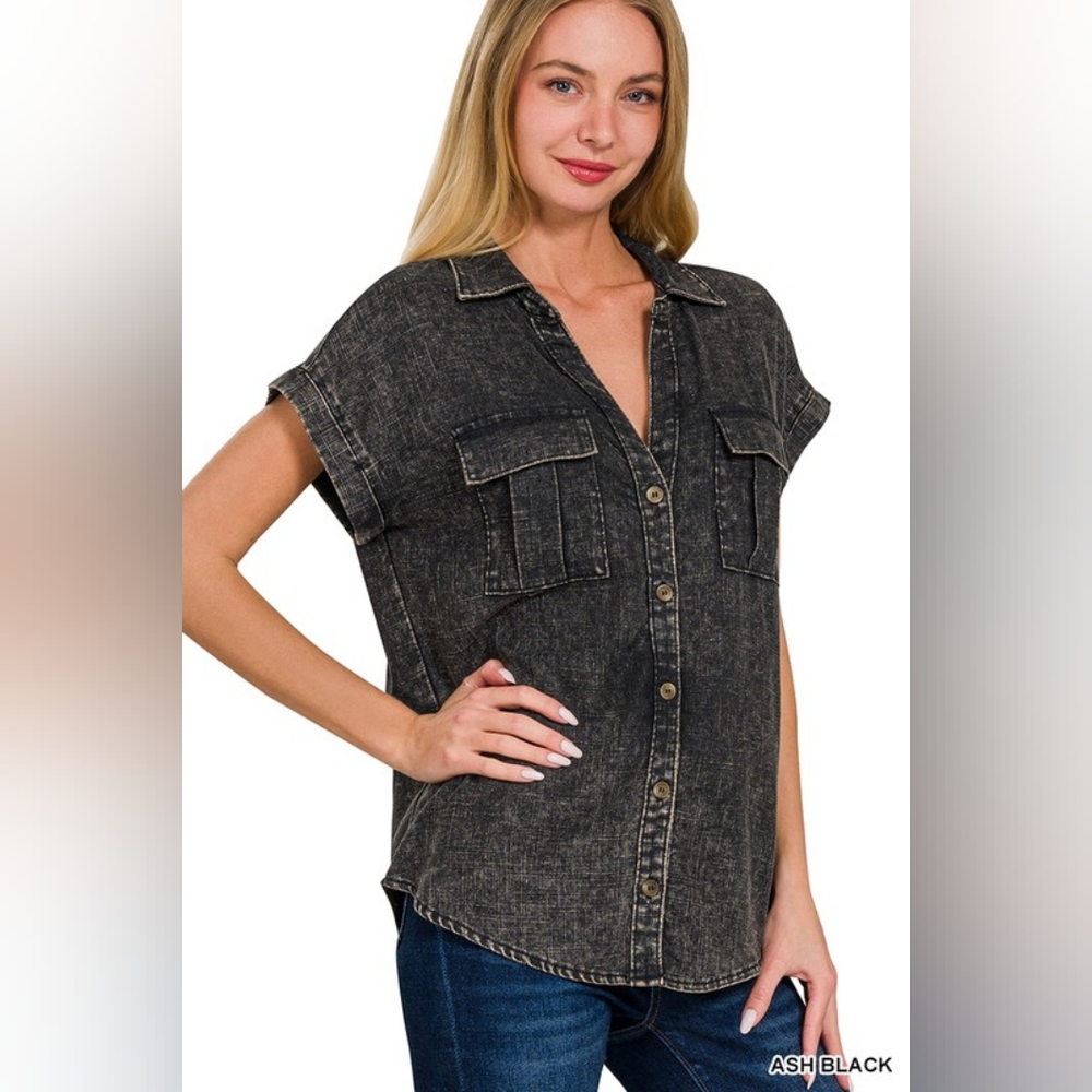 NWT - Linen Blend Acid Washed Button Down Batwing Sleeve Shirt-Ash Black - S